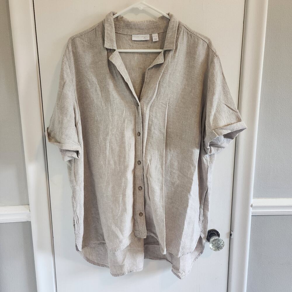 Susan Graver PURE Size XL Linen Blend Shirt Button Front Beige Short Sleeve